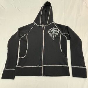 Black Zip-Up Jacket with Contrast Stitching and Hood